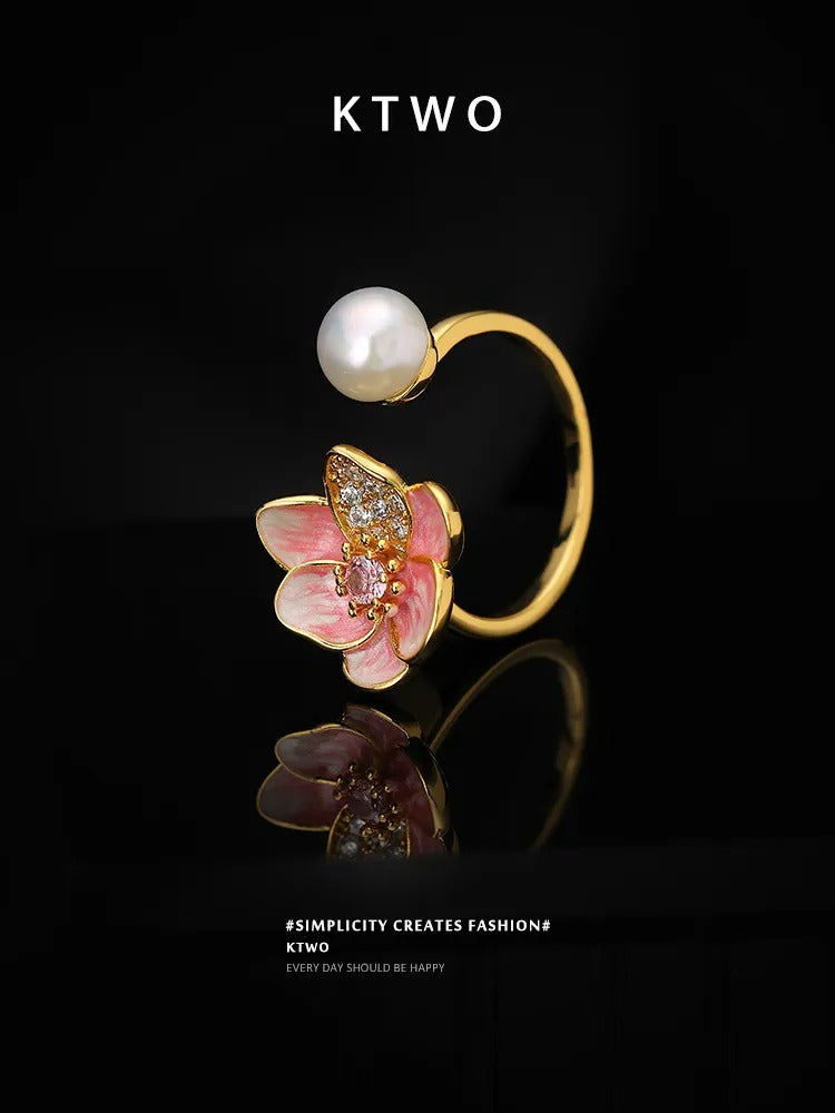 The Pink Blossom & Pearl Open Ring | Enamel Floral Design