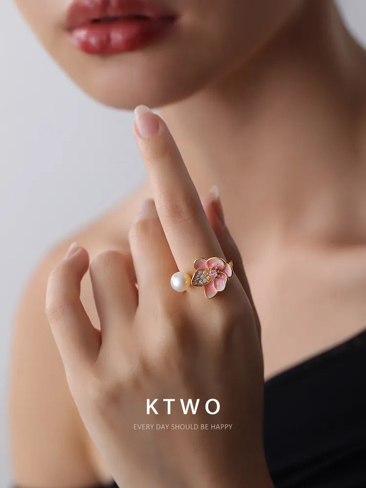 The Pink Blossom & Pearl Open Ring | Enamel Floral Design