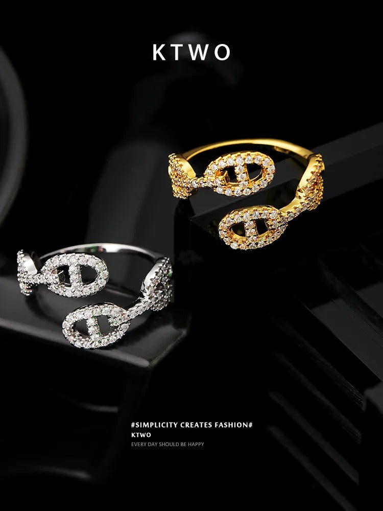 The Pave Mariner Link Open Ring | Adjustable Gold Vermeil