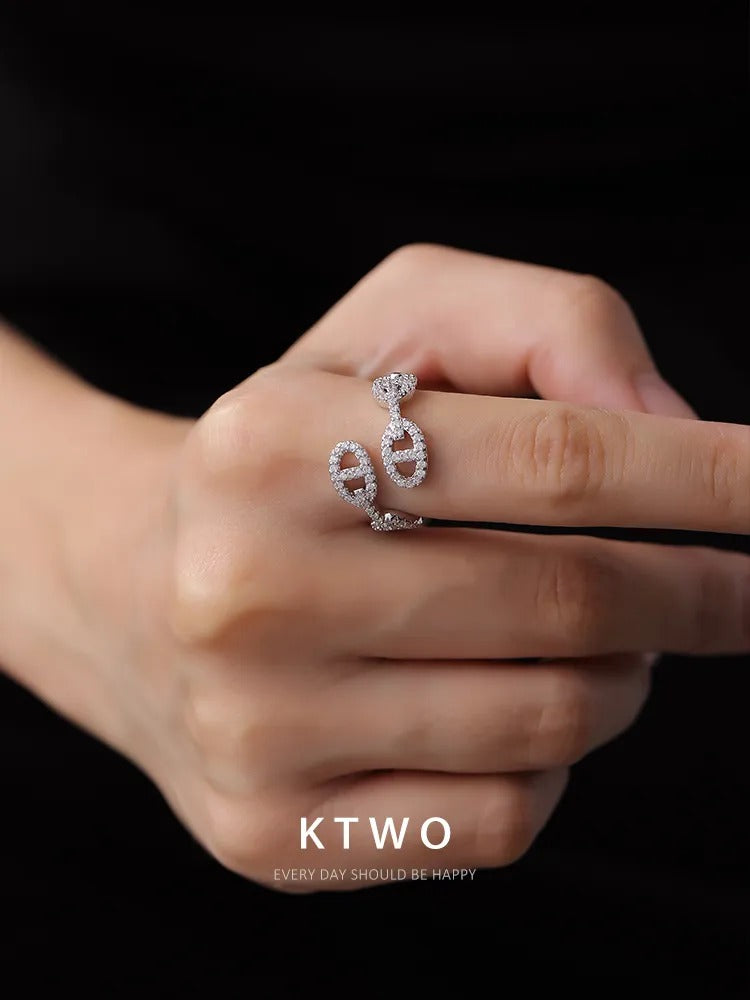 The Pave Mariner Link Open Ring | Adjustable Gold Vermeil