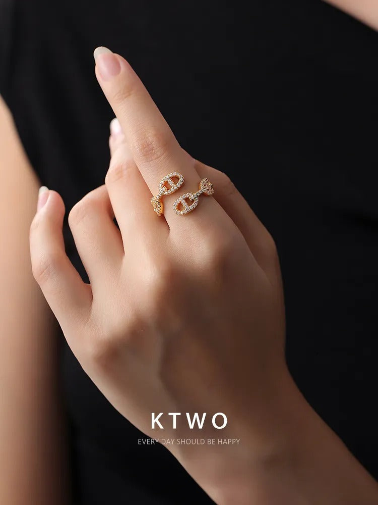 The Pave Mariner Link Open Ring | Adjustable Gold Vermeil