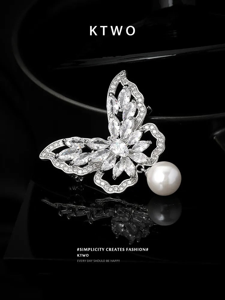 The Diamond Butterfly Pearl Brooch | Silver Statement