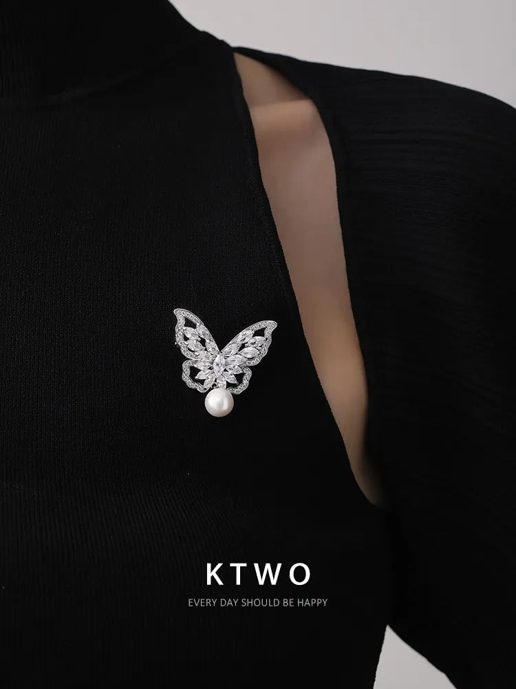 The Diamond Butterfly Pearl Brooch | Silver Statement