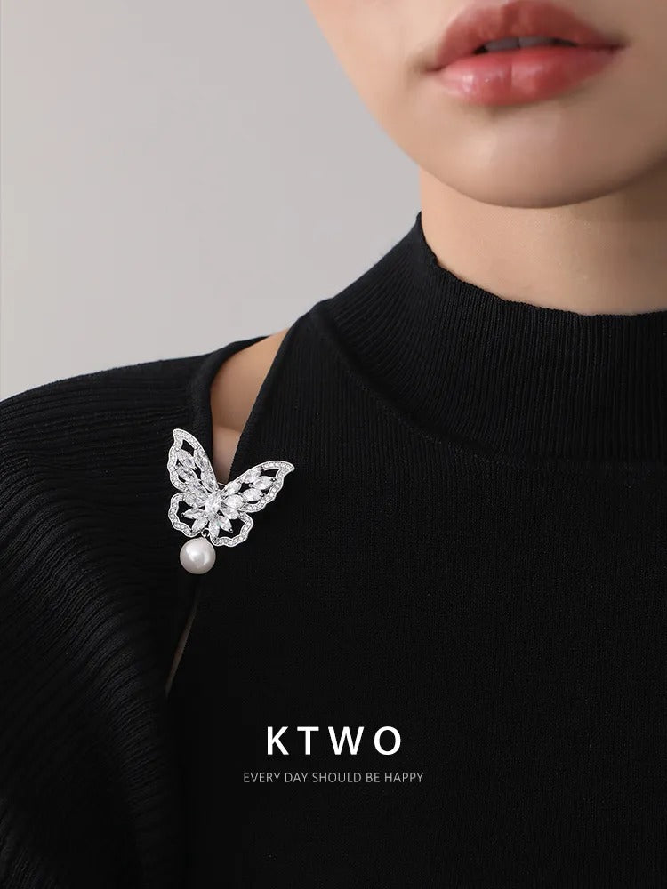 The Diamond Butterfly Pearl Brooch | Silver Statement