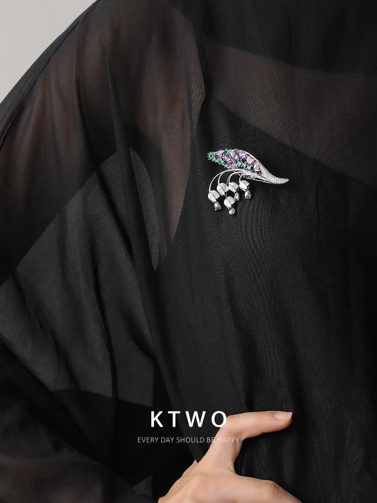 The Lily of the Valley Enamel Brooch | Purple Crystal Leaf