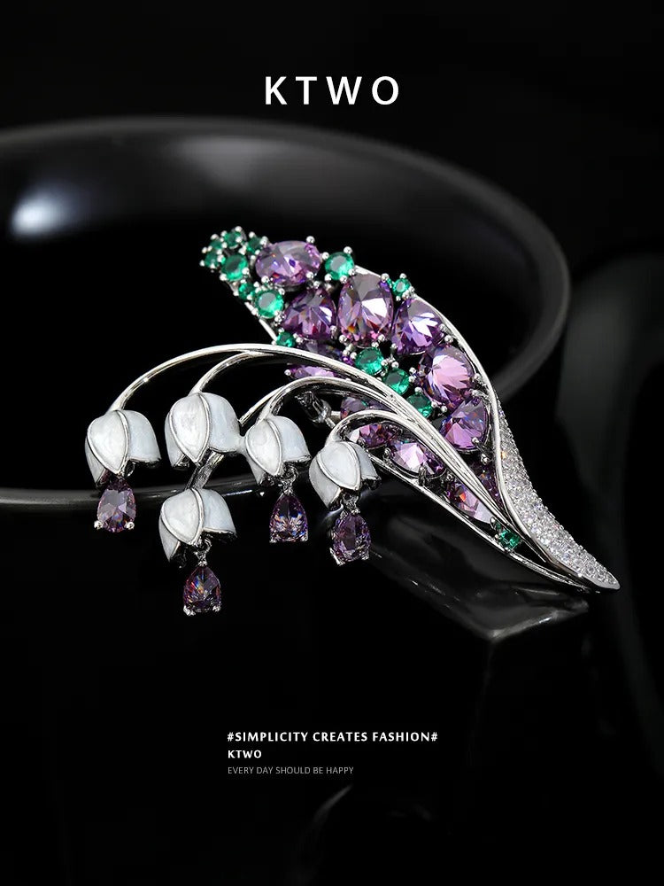 The Lily of the Valley Enamel Brooch | Purple Crystal Leaf