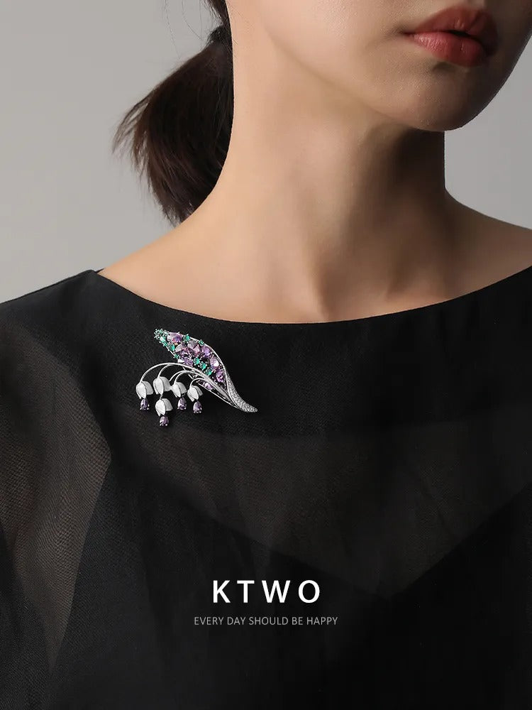The Lily of the Valley Enamel Brooch | Purple Crystal Leaf