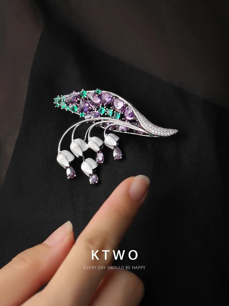 The Lily of the Valley Enamel Brooch | Purple Crystal Leaf